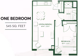 Floor plan of a one-bedroom apartment with 545 square feet, showing a living/dining area, kitchen, bathroom, and bedroom with dimensions.