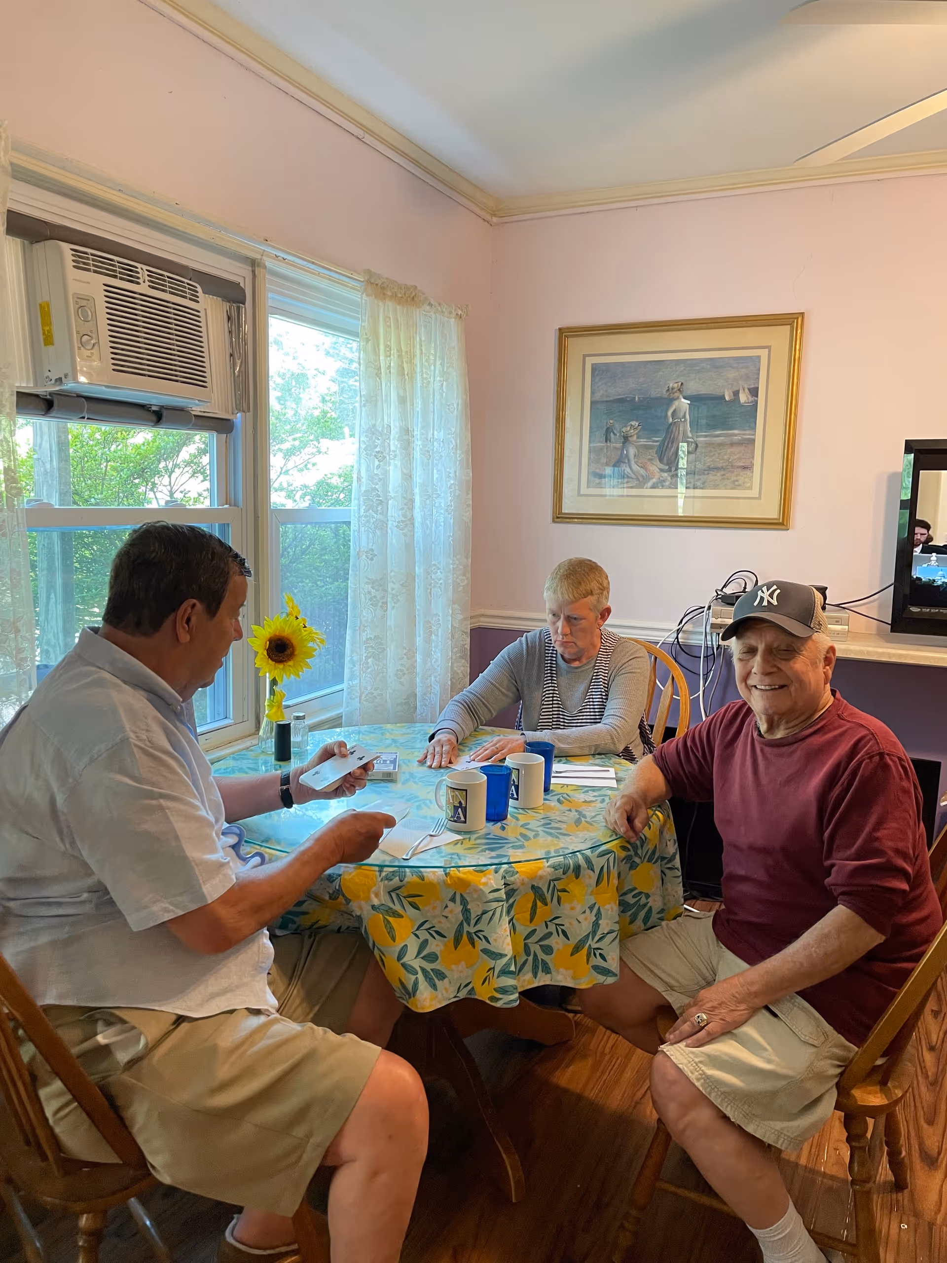 Three elderly people sitting around a round table with a floral tablecloth in a room with light pink walls. One man is wearing a white shirt and beige shorts, another man is wearing a maroon shirt, beige shorts, and a baseball cap, and a woman is wearing a striped shirt. There is a window with lace curtains and an air conditioner, a sunflower in a vase on the table, and a framed painting on the wall.