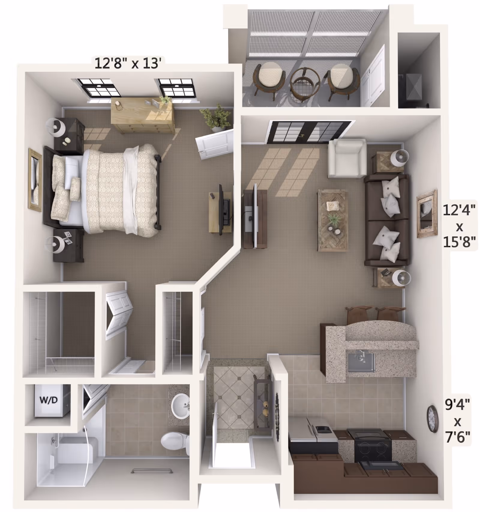 3D floor plan of a one-bedroom apartment at Addington Place of Jupiter showing a bedroom with a bed, dresser, and TV, a living room with sofa, armchair, coffee table, and TV, a kitchen with appliances and counter seating, a bathroom with shower and toilet, and a small balcony with two chairs and a table.