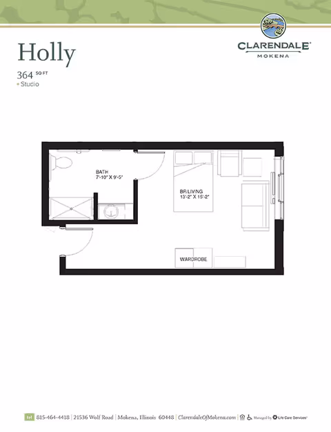 Floor plan of a studio apartment named Holly at Clarendale of Mokena, showing a combined bedroom and living area measuring 13 feet 2 inches by 15 feet 2 inches, a bathroom measuring 7 feet 10 inches by 9 feet 5 inches, and a wardrobe. The layout includes a door entrance, bathroom fixtures, and furniture placement.