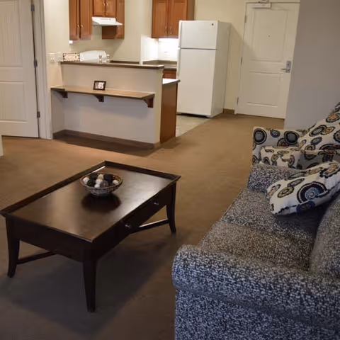 A living room area with a patterned gray sofa adorned with decorative pillows, a dark wooden coffee table with a bowl of decorative balls, and a view into a kitchen area featuring wooden cabinets, a white refrigerator, and a countertop with a small framed picture.
