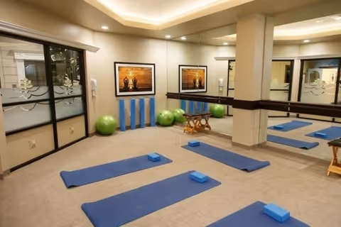Small exercise/yoga room with blue mats and blocks, green exercise balls, mirrors and framed artwork on the walls.