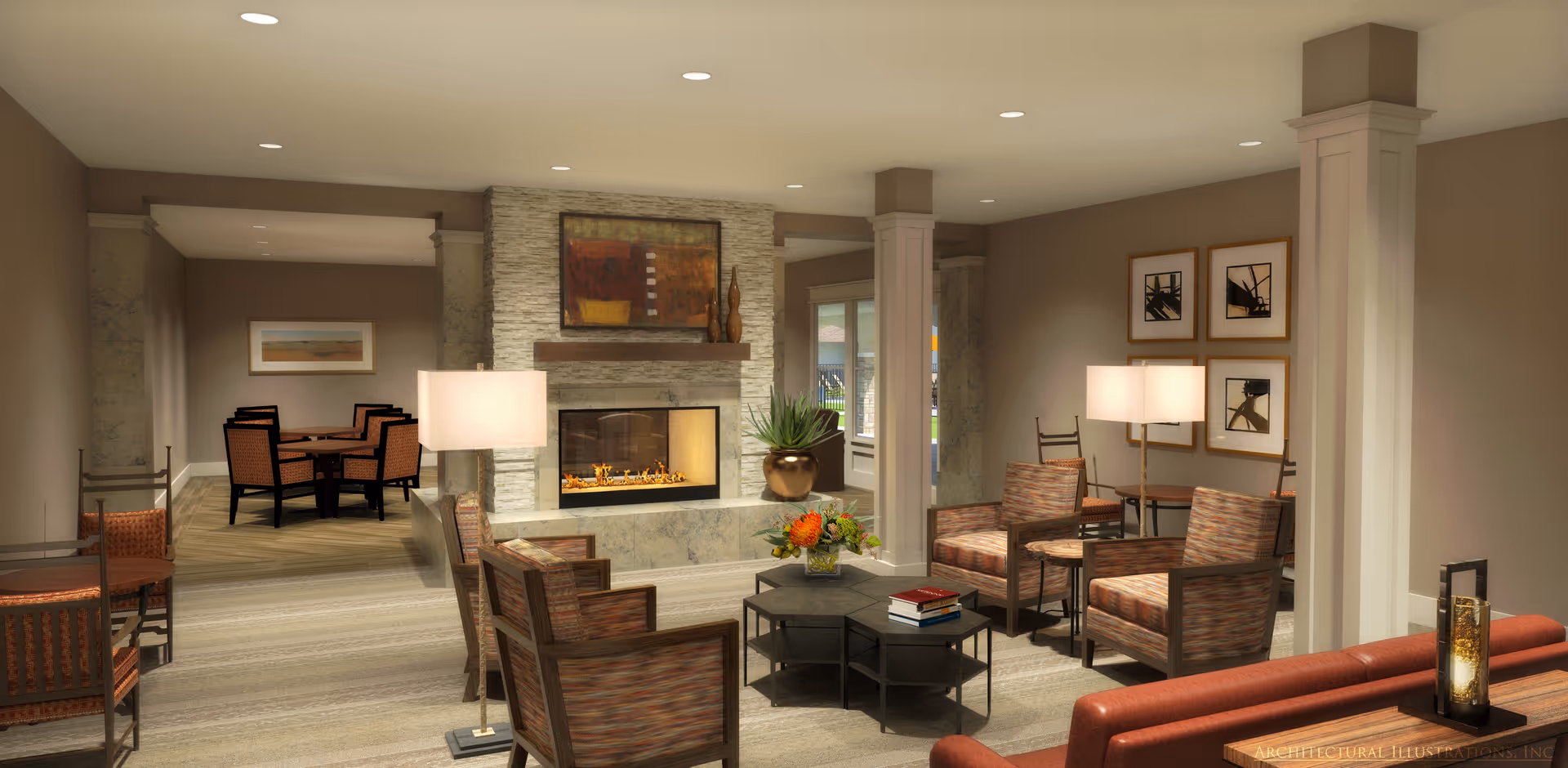 A cozy living room area with multiple armchairs arranged around a central coffee table with books and a flower arrangement. There is a modern fireplace with a stone surround and artwork above it. The room has warm lighting from floor lamps and recessed ceiling lights. In the background, there is a dining area with a table and chairs. The walls are decorated with framed abstract art.