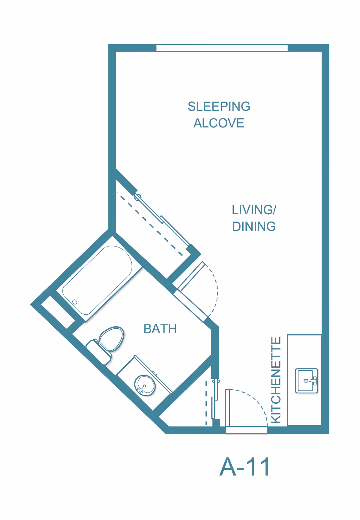 Floor plan of a studio apartment labeled A-11 showing a sleeping alcove, living/dining area, kitchenette, and a bathroom with a bathtub, toilet, and sink.