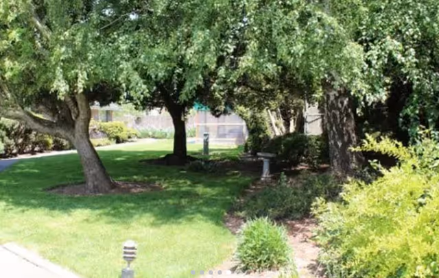 A shaded garden area with green grass, several trees, bushes, and a birdbath. A pathway is visible on the left side, and a building can be seen in the background.