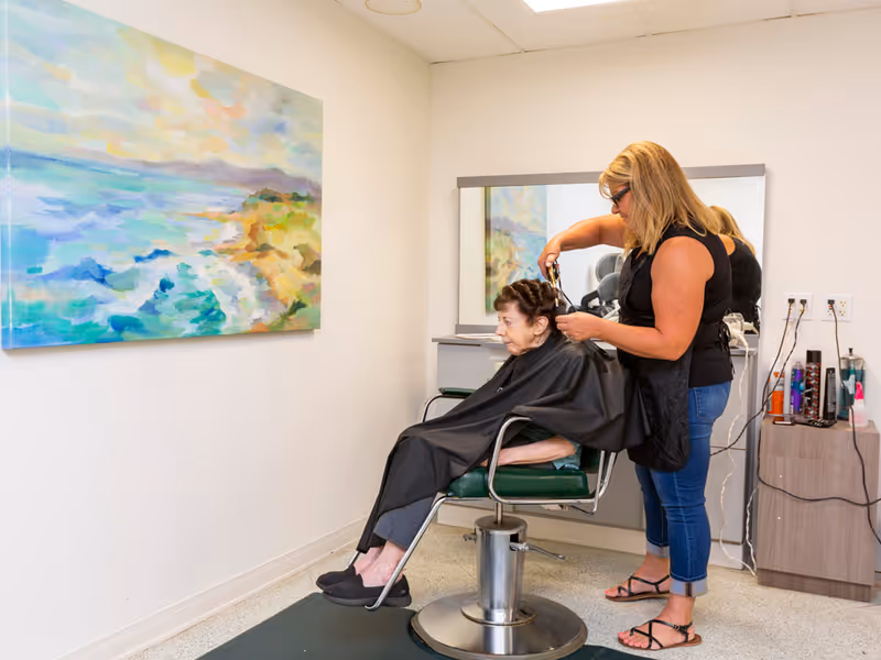 A hairstylist cutting an elderly woman's hair in a salon chair in a bright room with a seascape painting on the wall.