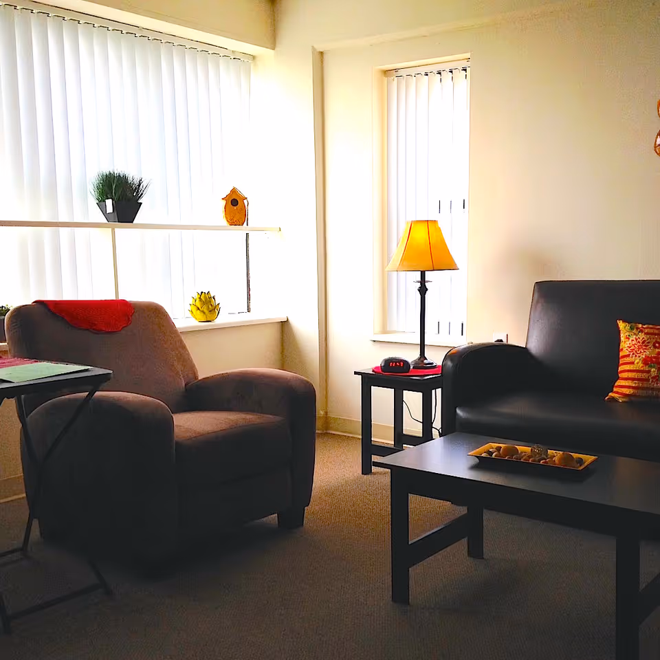 A cozy living room with a gray armchair and a black leather sofa. There is a small black side table with a lamp and a digital clock on it. A black coffee table with a decorative tray is in front of the sofa. The room has two windows with vertical blinds, and a shelf with small decorative items including a plant and a birdhouse.