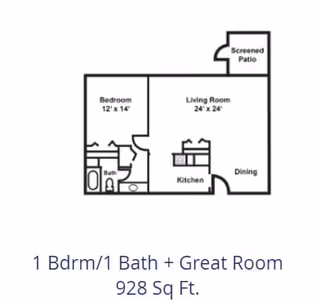 Floor plan of a 1 bedroom, 1 bathroom apartment with a great room totaling 928 square feet. The layout includes a bedroom measuring 12 by 14 feet, a living room measuring 24 by 24 feet, a kitchen, dining area, bathroom, and a screened patio.