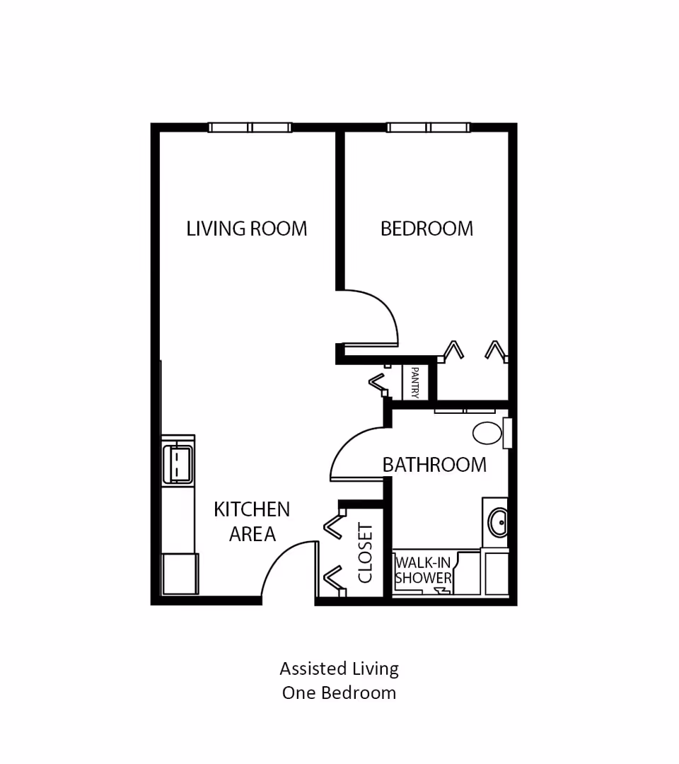 Floor plan of an assisted living one-bedroom apartment at The Waterford at Hartford, showing a living room, bedroom, kitchen area, bathroom with walk-in shower, pantry, and closet.