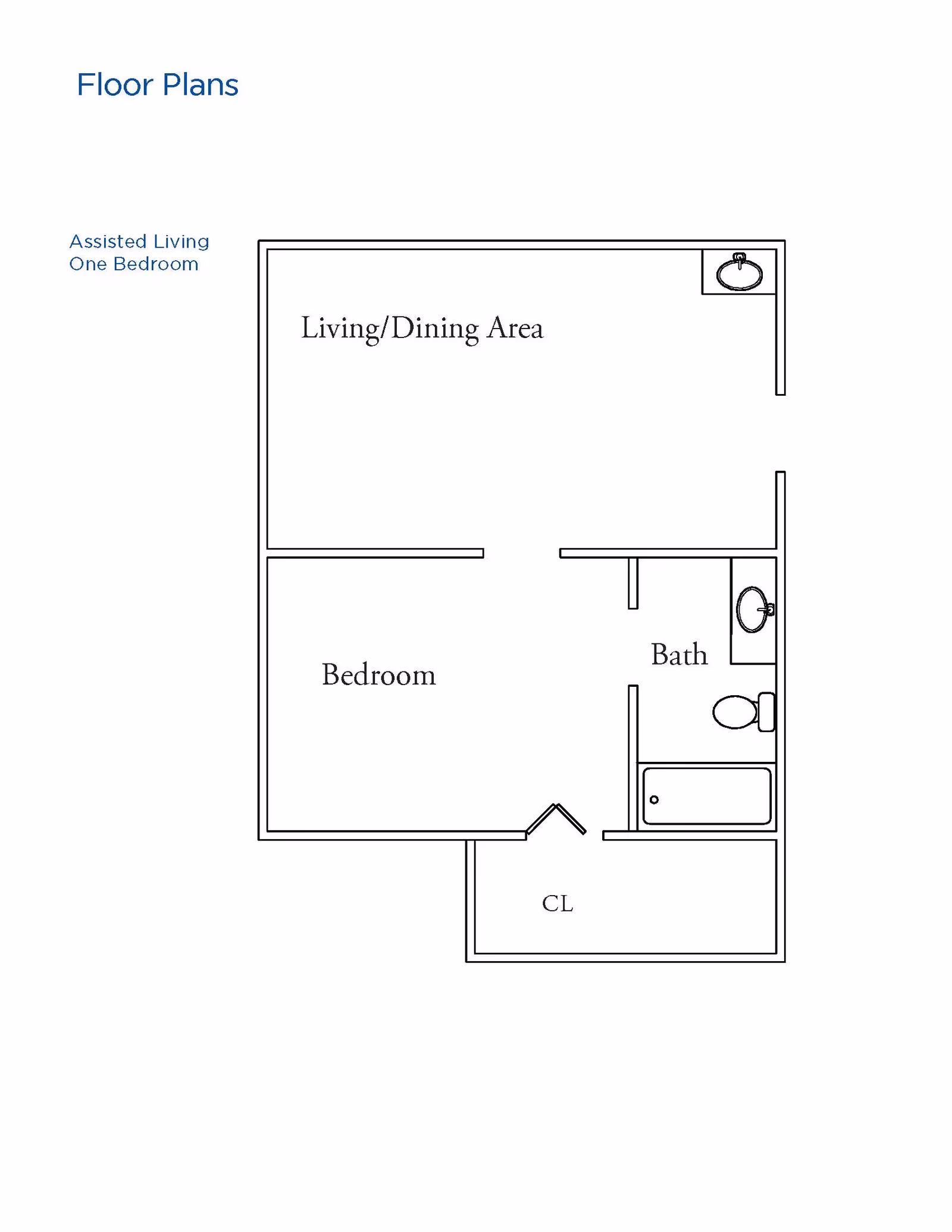 Floor plan of an assisted living one-bedroom unit at Hillside, showing a living/dining area, bedroom, bathroom with sink, toilet, and bathtub, and a closet labeled CL.