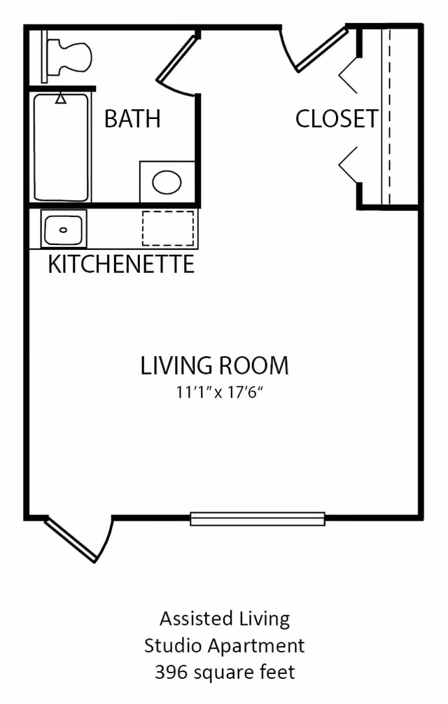 Floor plan of an assisted living studio apartment at Country Charm, showing a living room measuring 11 feet 1 inch by 17 feet 6 inches, a kitchenette, a bathroom with a bathtub and toilet, and a closet. The total area is 396 square feet.