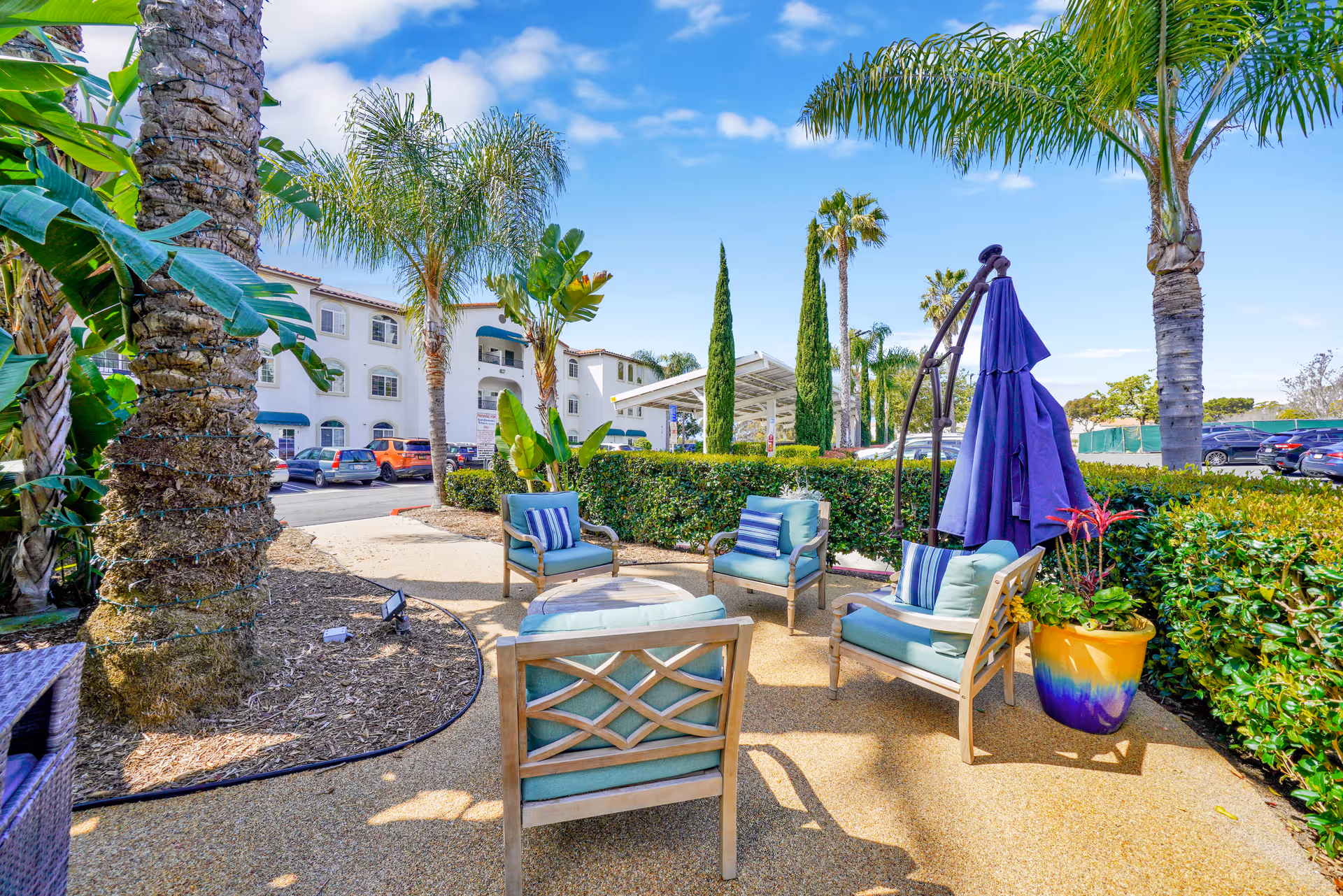Outdoor courtyard seating area with cushioned chairs and a purple umbrella surrounded by palm trees and a Mediterranean-style building.