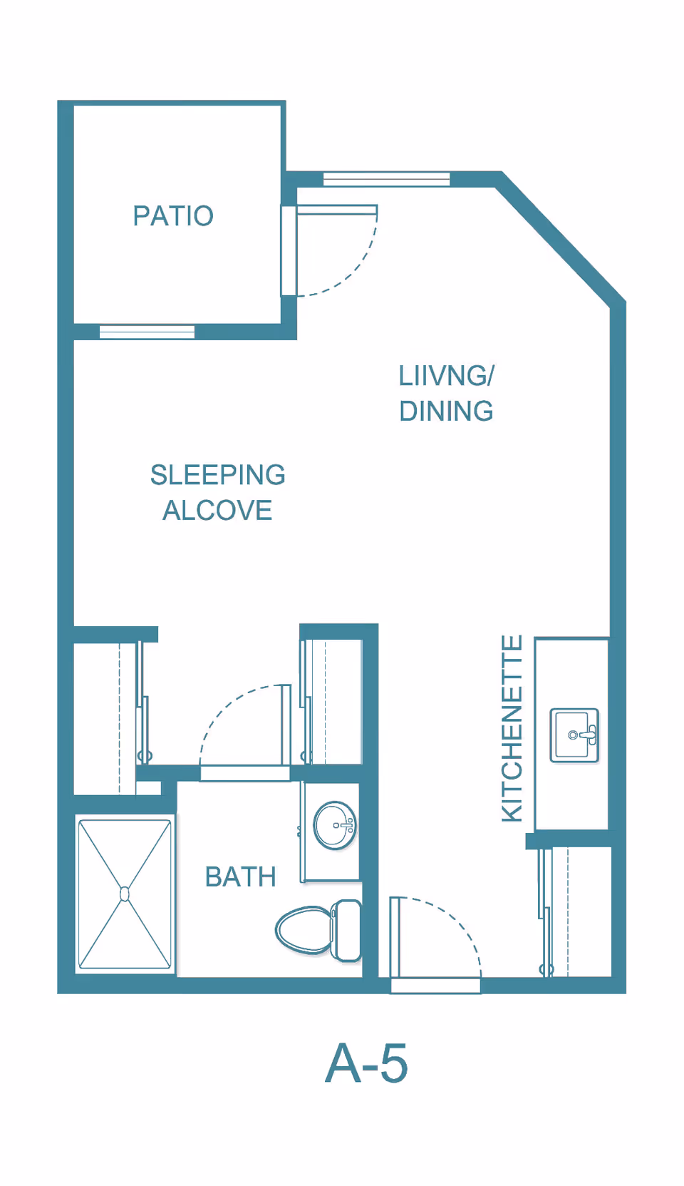 Floor plan labeled A-5 showing a layout with a patio, sleeping alcove, living/dining area, kitchenette, and a bathroom with a shower, toilet, and sink.