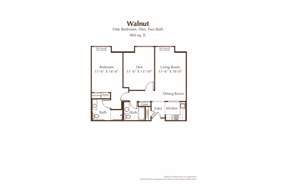 Floor plan of Walnut apartment at Oakmont of Escondido Hills showing one bedroom, den, two bathrooms, living room, dining room, kitchen, entry, linen closet, and AC/Heat units. The total area is 960 square feet.