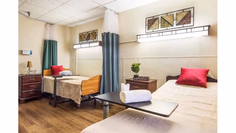Two nursing-home beds in a bright shared patient room with bedside tables, privacy curtains, and decorative wall art.