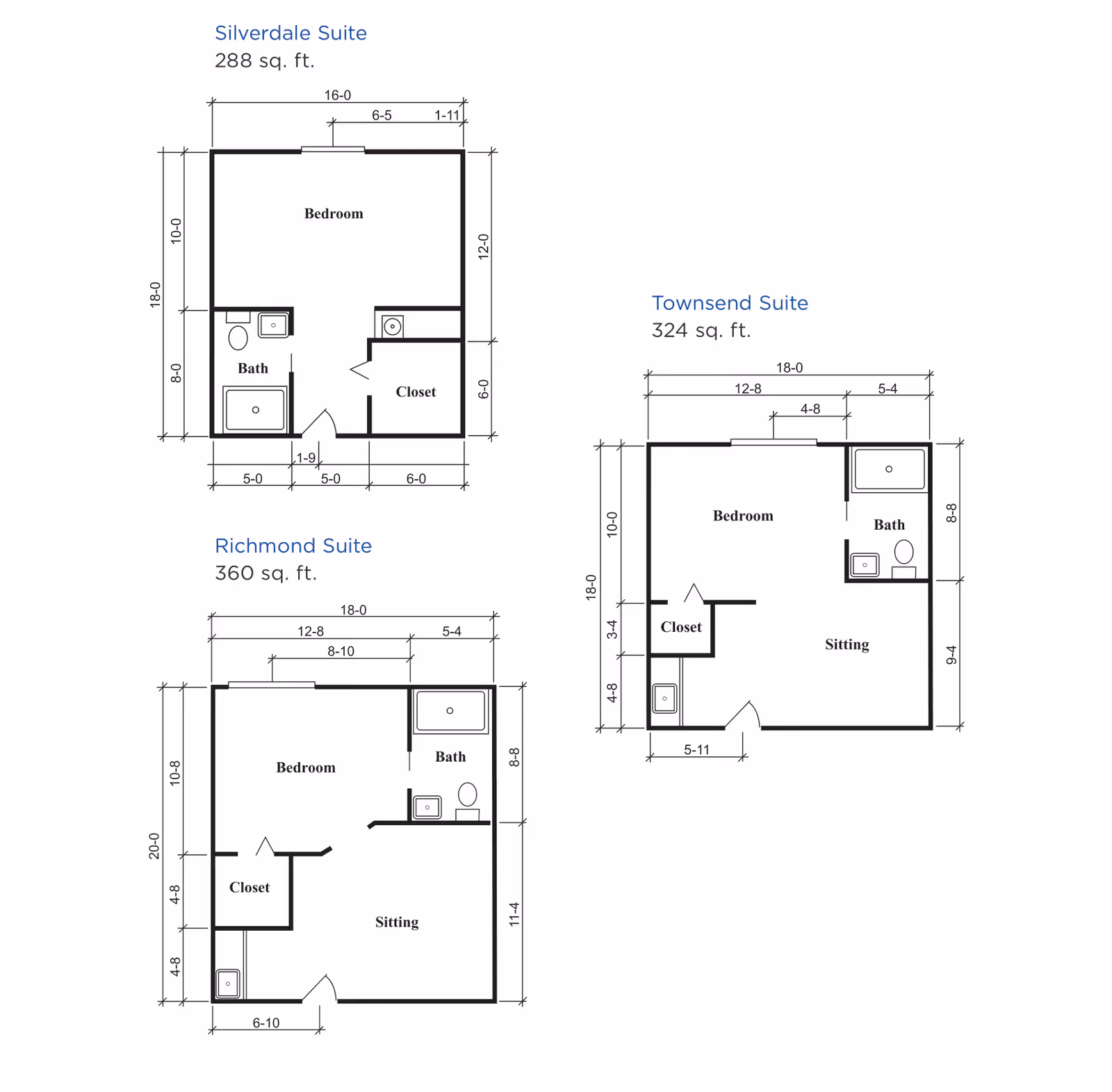 Architectural floor plans for three different suites at Brookdale East Arbor: Silverdale Suite (288 sq. ft.), Townsend Suite (324 sq. ft.), and Richmond Suite (360 sq. ft.). Each plan shows the layout including bedroom, bath, closet, and sitting areas with dimensions.