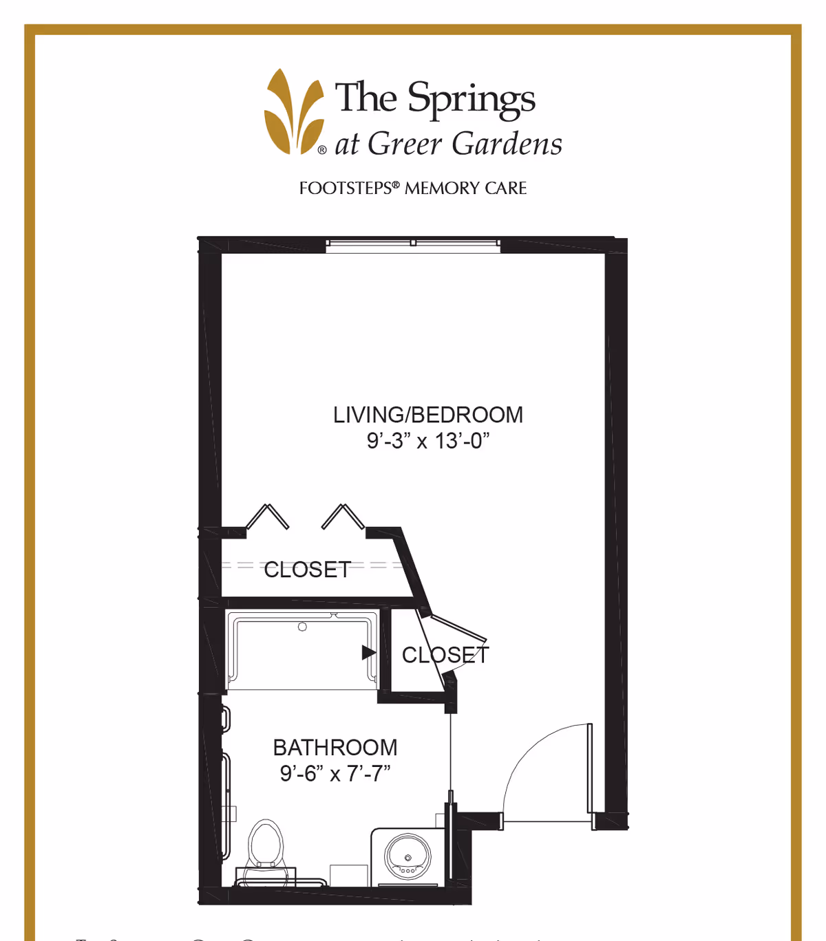 Black-and-white floor plan titled "The Springs at Greer Gardens" showing a studio layout with a living/bedroom, two closets and a bathroom with dimensions.