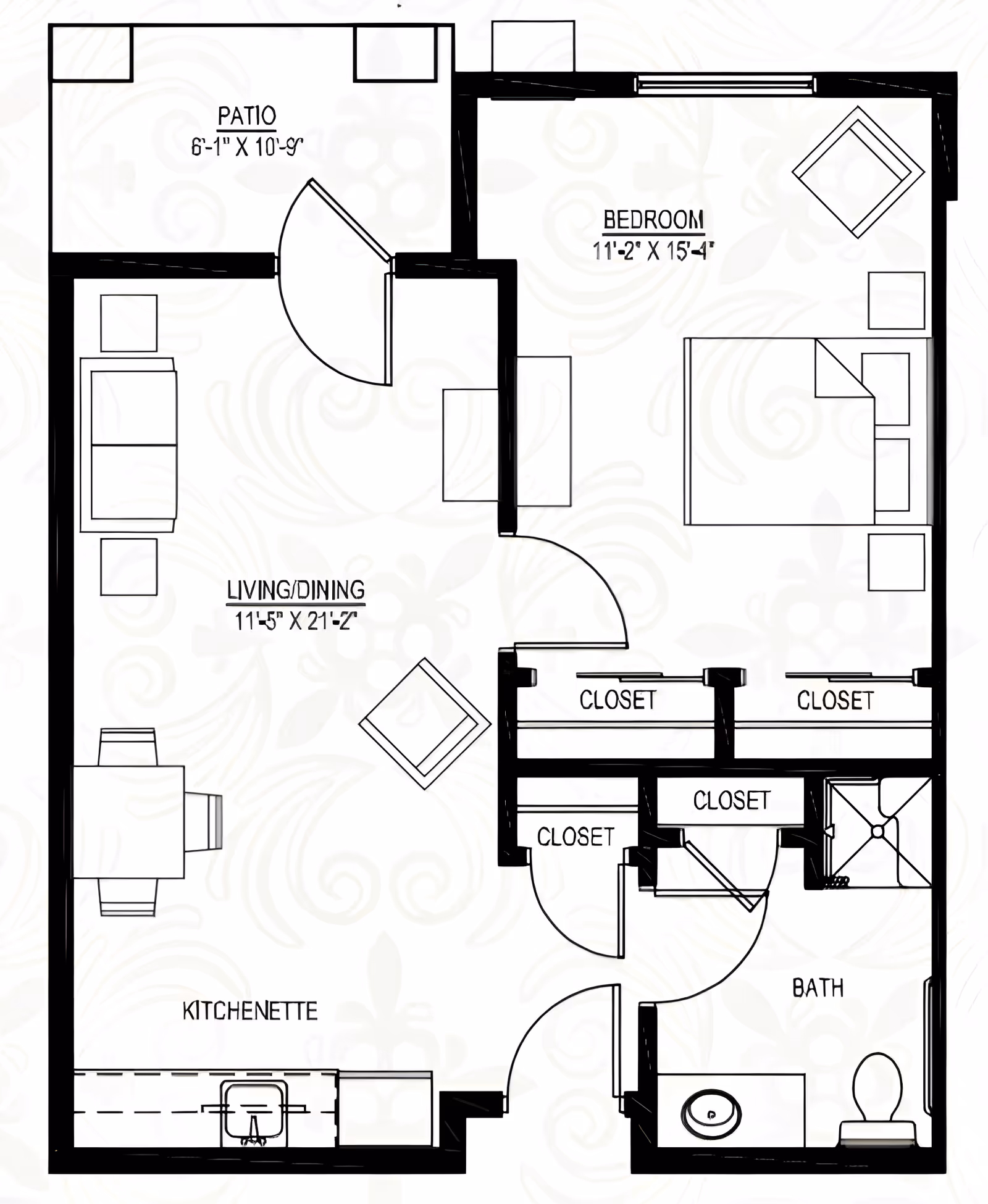 Floor plan of a senior living unit at Heritage Middleton showing a patio, living/dining area, kitchenette, bedroom, multiple closets, and a bathroom with a shower, sink, and toilet.