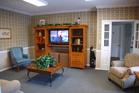 A cozy living room with plaid wallpaper, a wooden entertainment center with a TV showing a man, a blue armchair, a floral patterned armchair, a wooden coffee table with a green plant, and a golf bag near a white door with glass panels.