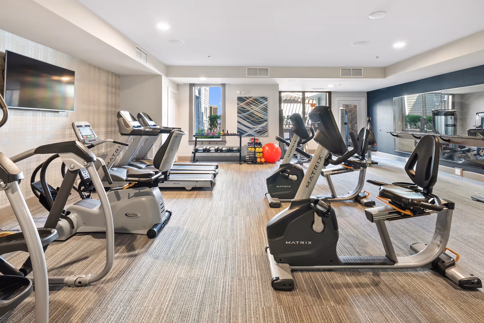 A modern fitness room with exercise equipment including stationary bikes, treadmills, and elliptical machines. The room has large windows letting in natural light, a wall-mounted TV, a rack with colorful exercise balls and weights, and a large mirror on one wall.