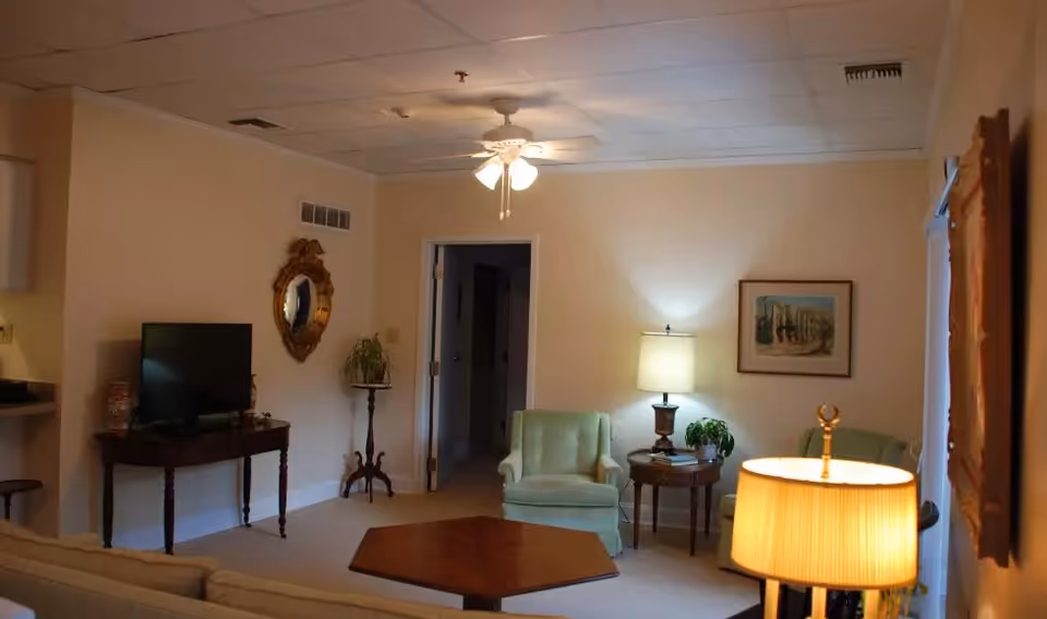 A cozy living room with beige walls and carpet, featuring a ceiling fan with lights, a flat-screen TV on a wooden table, a decorative mirror on the wall, two green upholstered armchairs, a wooden side table with a lamp and a plant, a framed picture on the wall, and a floor lamp in the foreground.