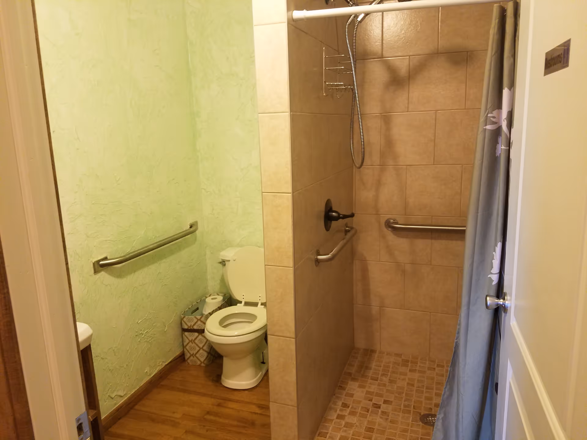 Bathroom with a toilet and a walk-in tiled shower. The walls are light green and beige tiles, with grab bars installed near the toilet and inside the shower. There is a shower curtain with a floral pattern partially visible on the right side.