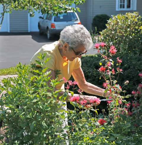 An older woman wearing sunglasses tending flowering plants in a garden outside a residential building.