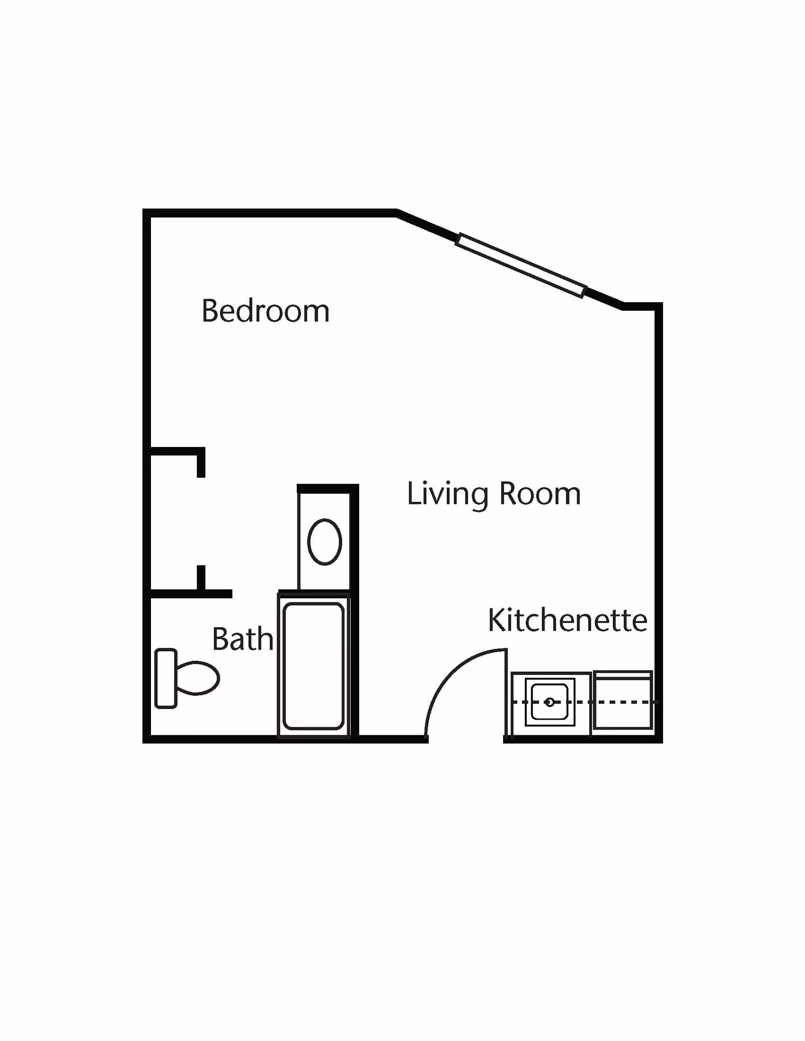 Floor plan layout of a living space at Brookdale Stonebridge Ranch showing a bedroom, living room, bath, and kitchenette.