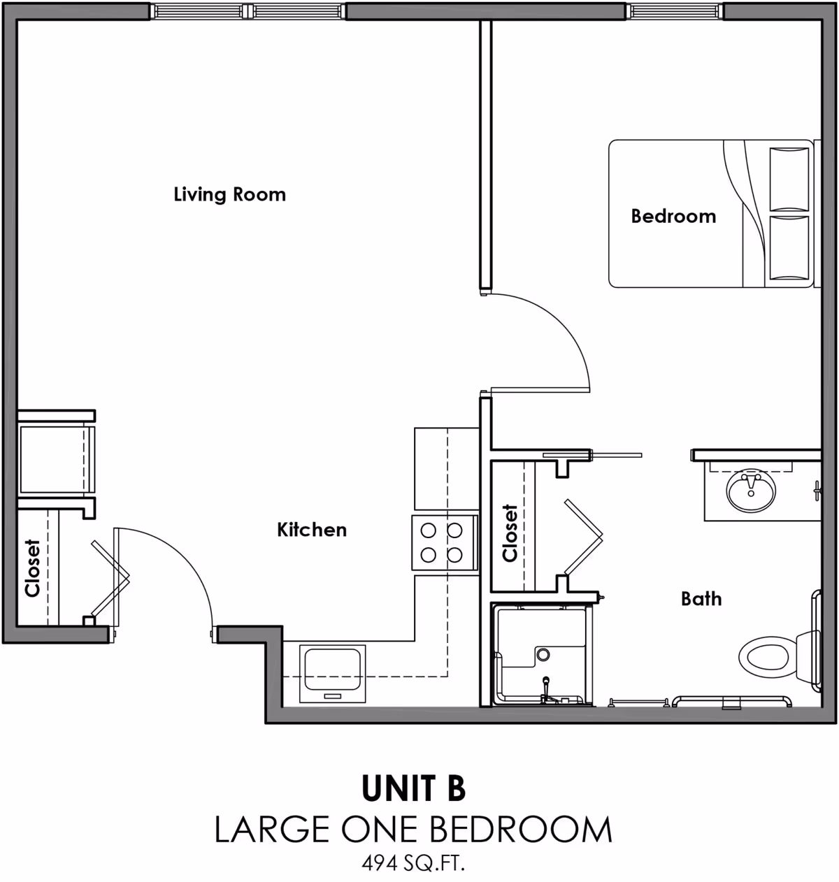 Floor plan of Unit B, a large one-bedroom apartment with 494 square feet. The layout includes a living room, kitchen, bedroom, bathroom, and two closets.