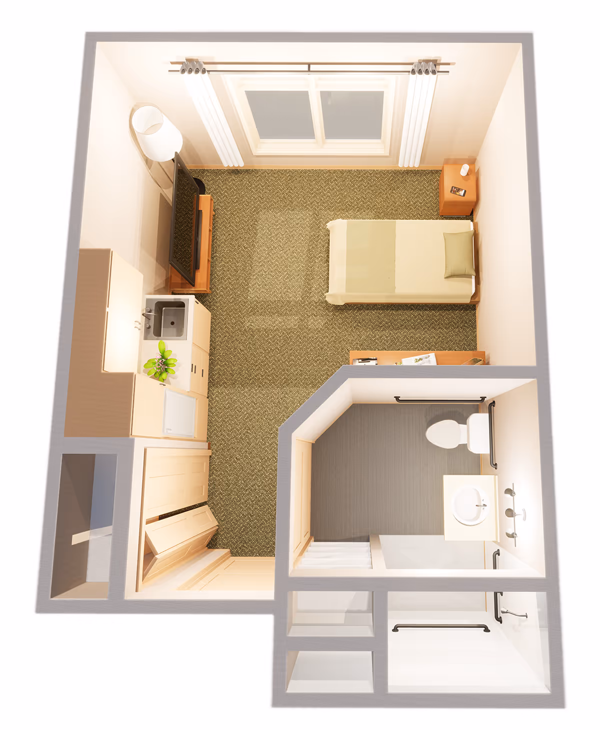 Top-down 3D floor plan of a small memory-care studio with a bed, nightstand, TV, kitchenette and an attached bathroom.