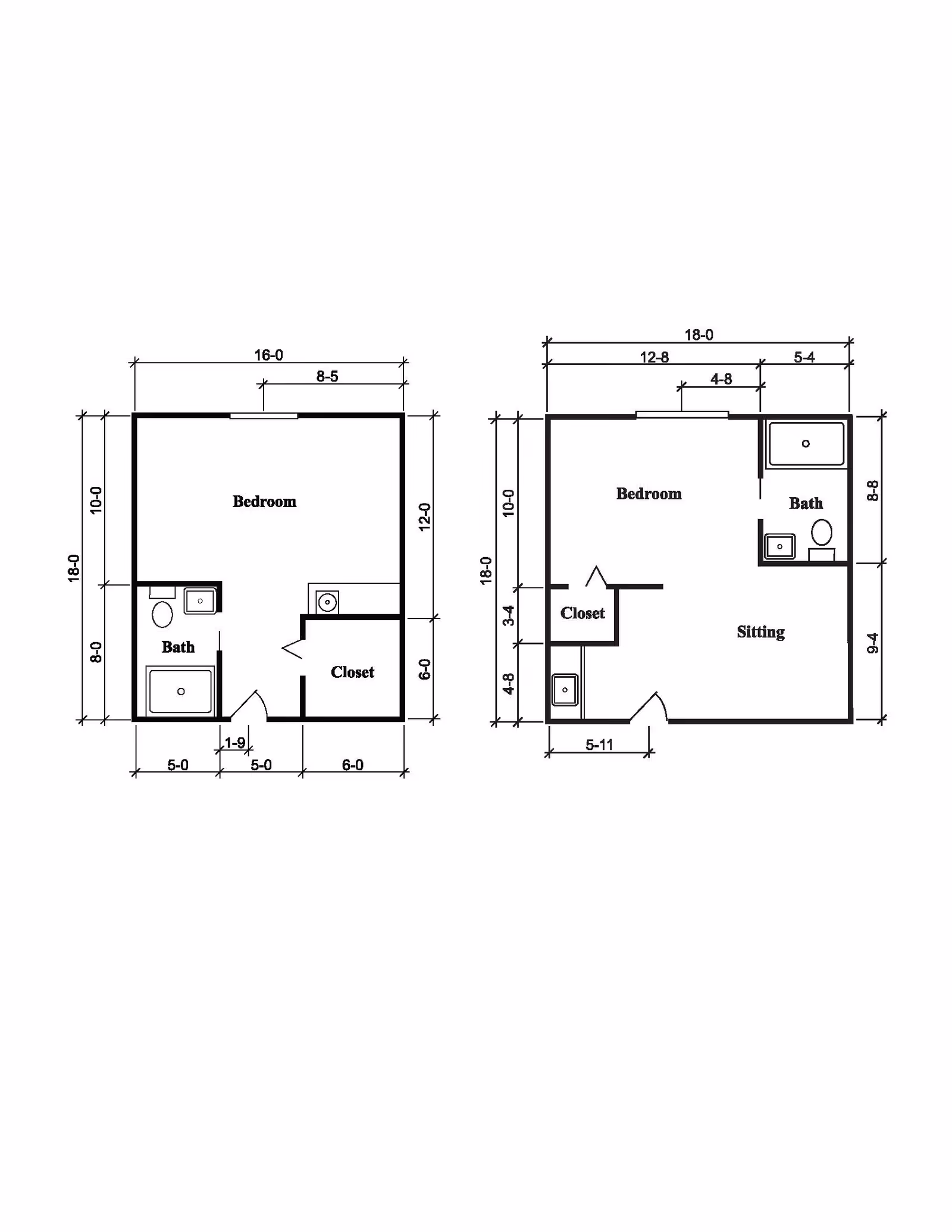 Architectural floor plan showing two layouts of a living space with labeled areas including bedroom, bath, closet, and sitting area with dimensions in feet and inches.