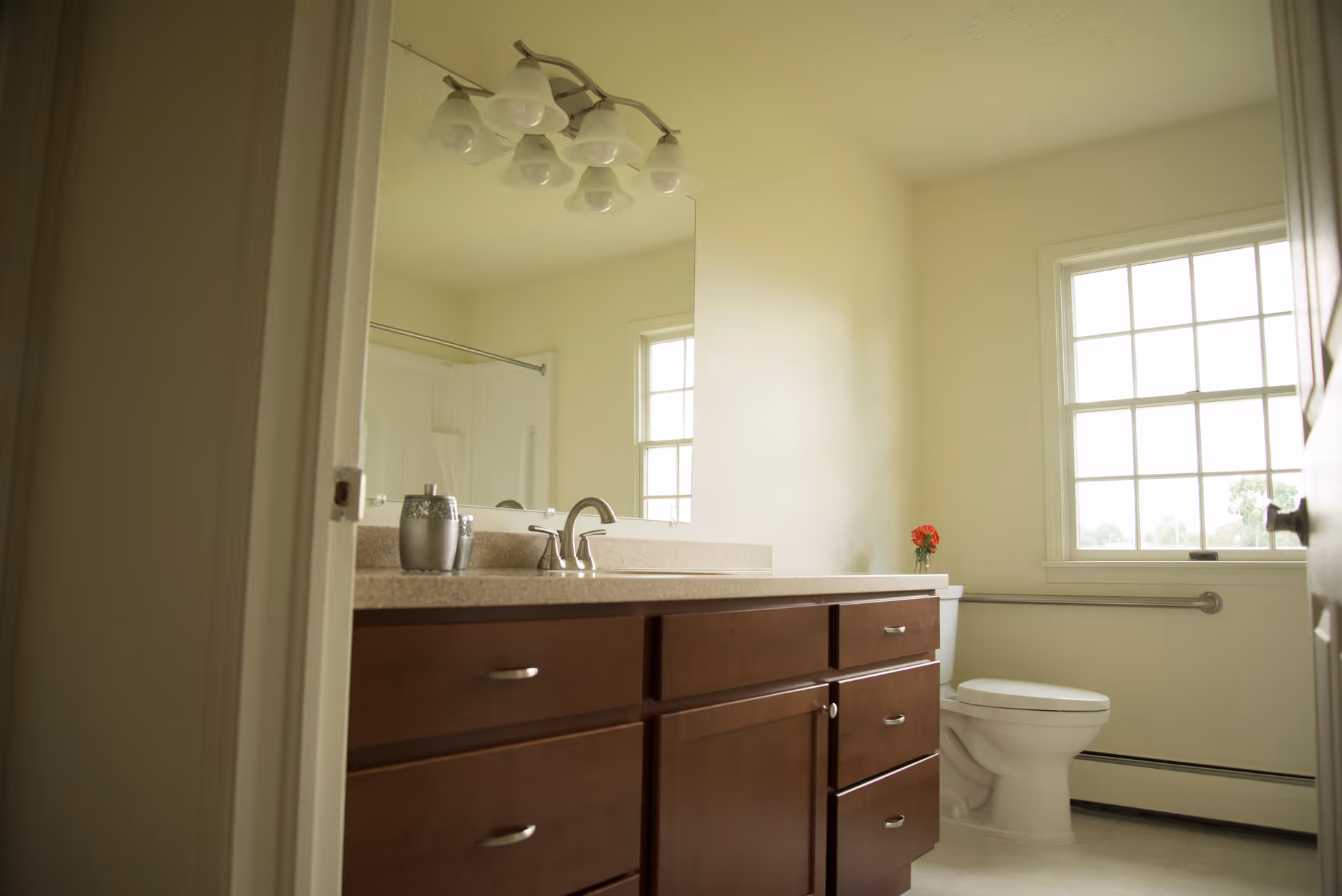 A bright bathroom with a large mirror above a countertop with a sink and dark wooden cabinets. There is a toilet next to a window with a small vase holding red flowers on the tank. A grab bar is mounted on the wall beside the toilet.
