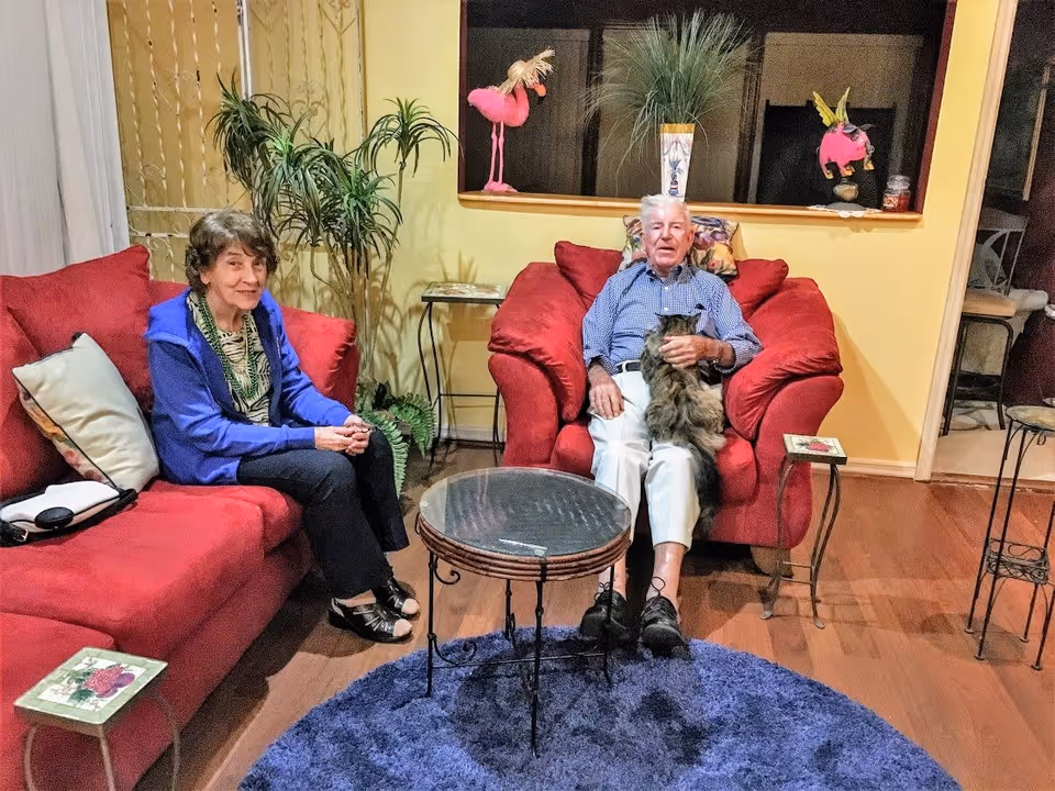An elderly man and woman sitting in a cozy living room with red armchairs and a red sofa. The man is holding a fluffy cat on his lap. The room has wooden flooring, a small round glass coffee table, a blue circular rug, and decorative plants and flamingo figurines on the window sill.