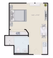Floor plan of a small living space featuring a bedroom area with a bed and two nightstands, a bathroom with a toilet and shower, a kitchenette with a sink and stove, and a dining area with a table and two chairs. The dimensions of the main living area are 14 feet 6 inches by 9 feet 10 inches.