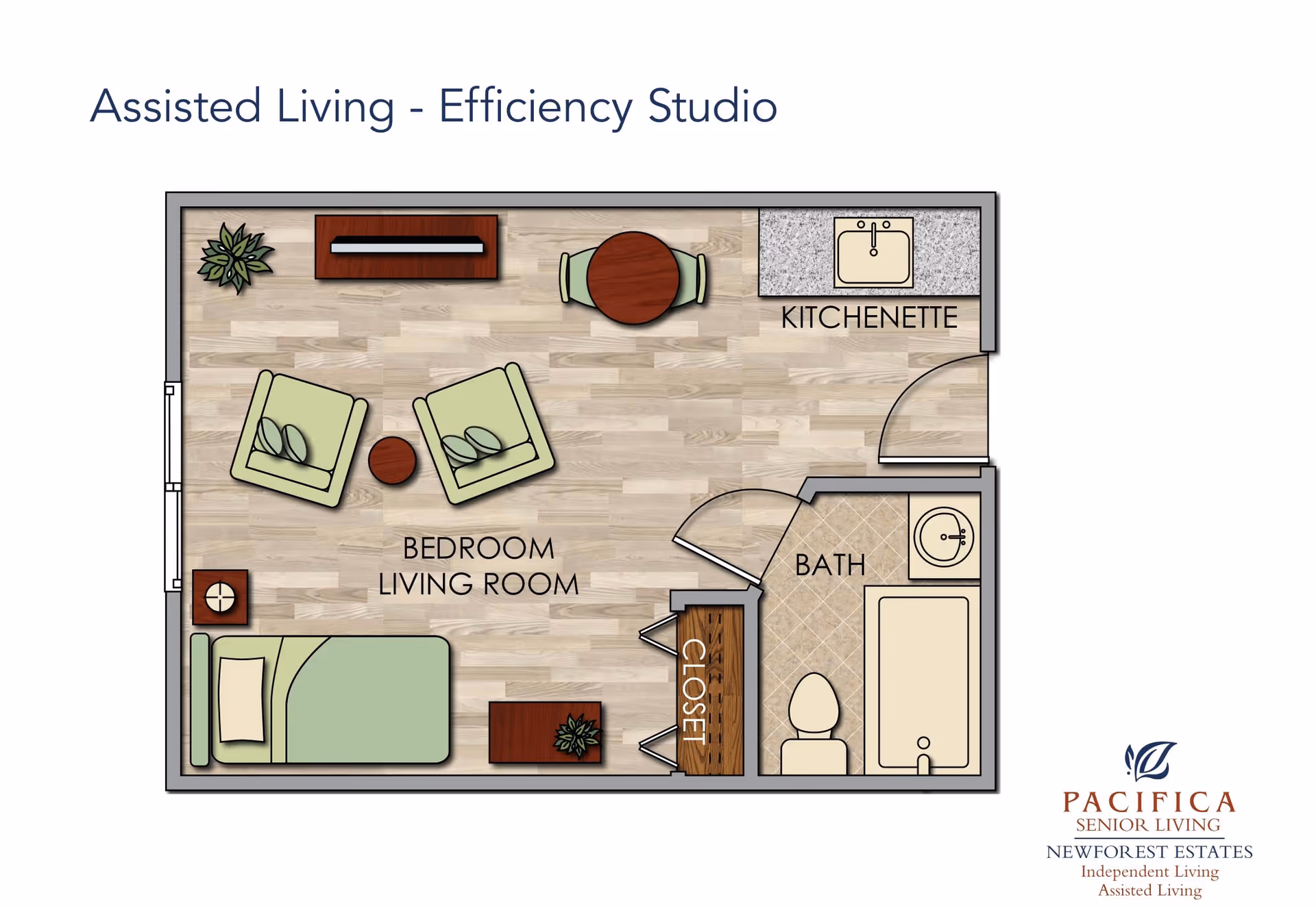 Floor plan of an assisted living efficiency studio at New Forest Haven showing a combined bedroom and living room area with a bed, two chairs, a small table, a kitchenette with a sink, a bathroom with a toilet, sink, and bathtub, and a closet.