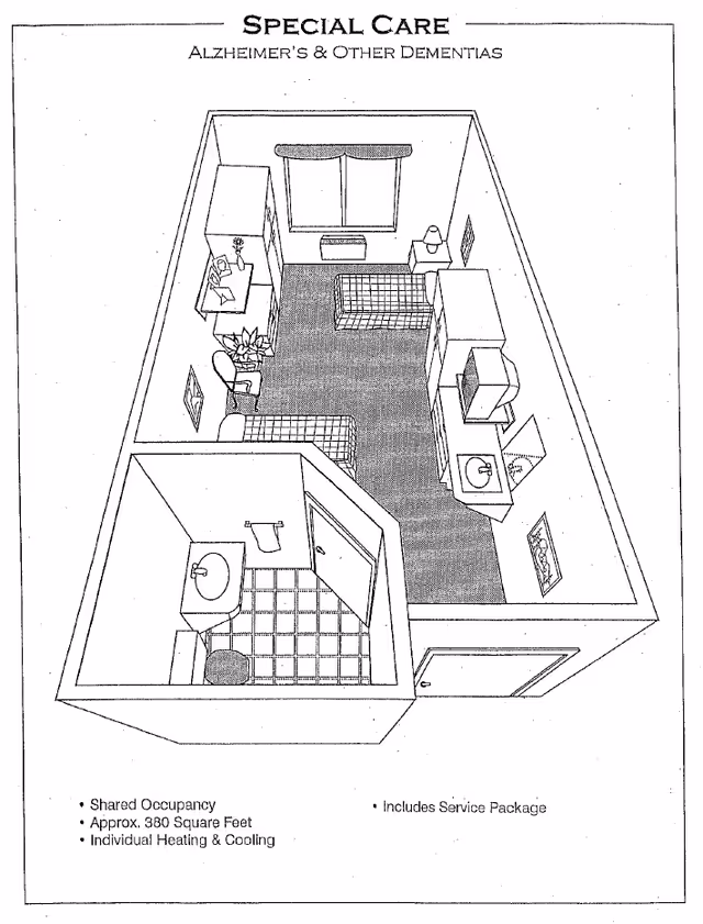 Floor plan illustration of a special care room for Alzheimer's and other dementias, showing a shared occupancy layout with two beds, a small bathroom with a sink and toilet, a desk with a chair, a window, and various pieces of furniture including a TV and storage units.