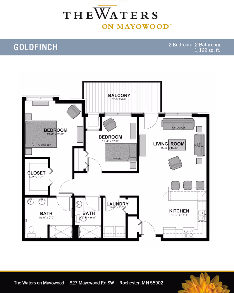 Floor plan of a two-bedroom, two-bathroom apartment named Goldfinch at The Waters on Mayowood. The layout includes a balcony, living room with couches and chairs, kitchen with an island and stools, two bedrooms (one with a queen bed and one with a twin bed), two bathrooms, a closet, and a laundry area.