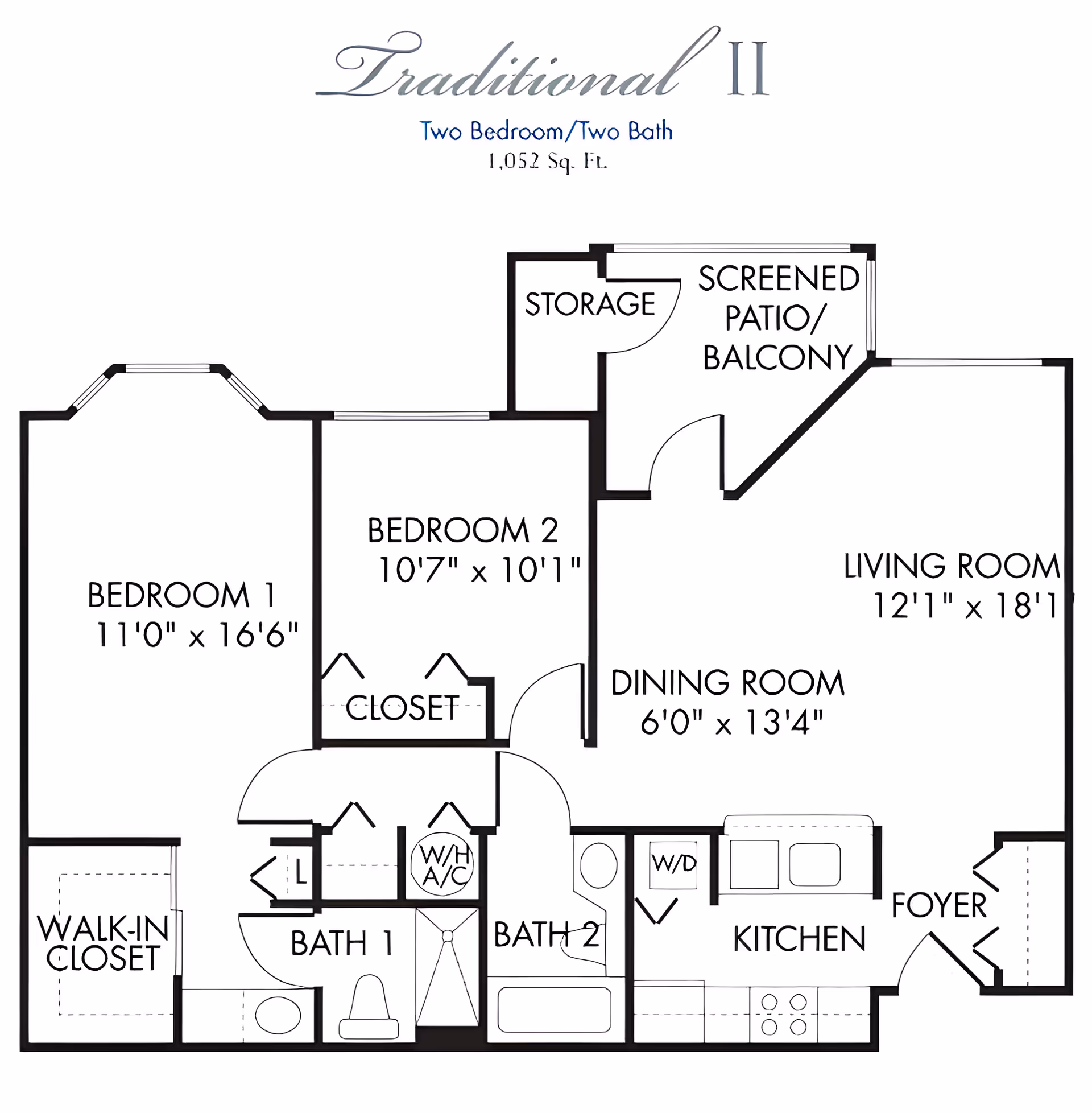 Floor plan labeled Traditional II showing a two-bedroom, two-bath apartment with 1,052 square feet. The layout includes Bedroom 1 with a walk-in closet, Bedroom 2 with a closet, two bathrooms, a kitchen, dining room, living room, foyer, storage, and a screened patio/balcony.