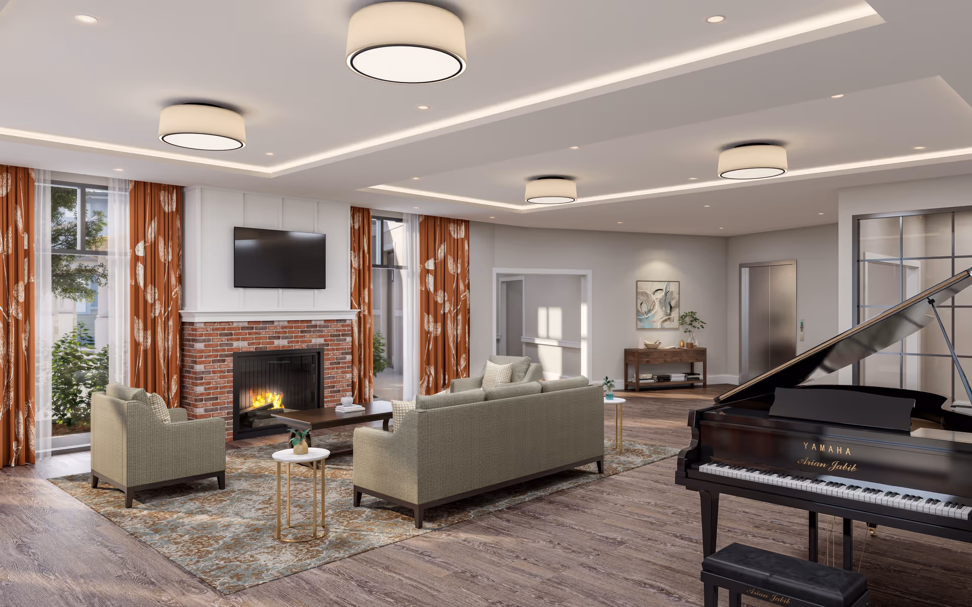 Spacious sitting room with sofas around a brick fireplace, wall-mounted TV, grand piano, and large windows with patterned curtains.