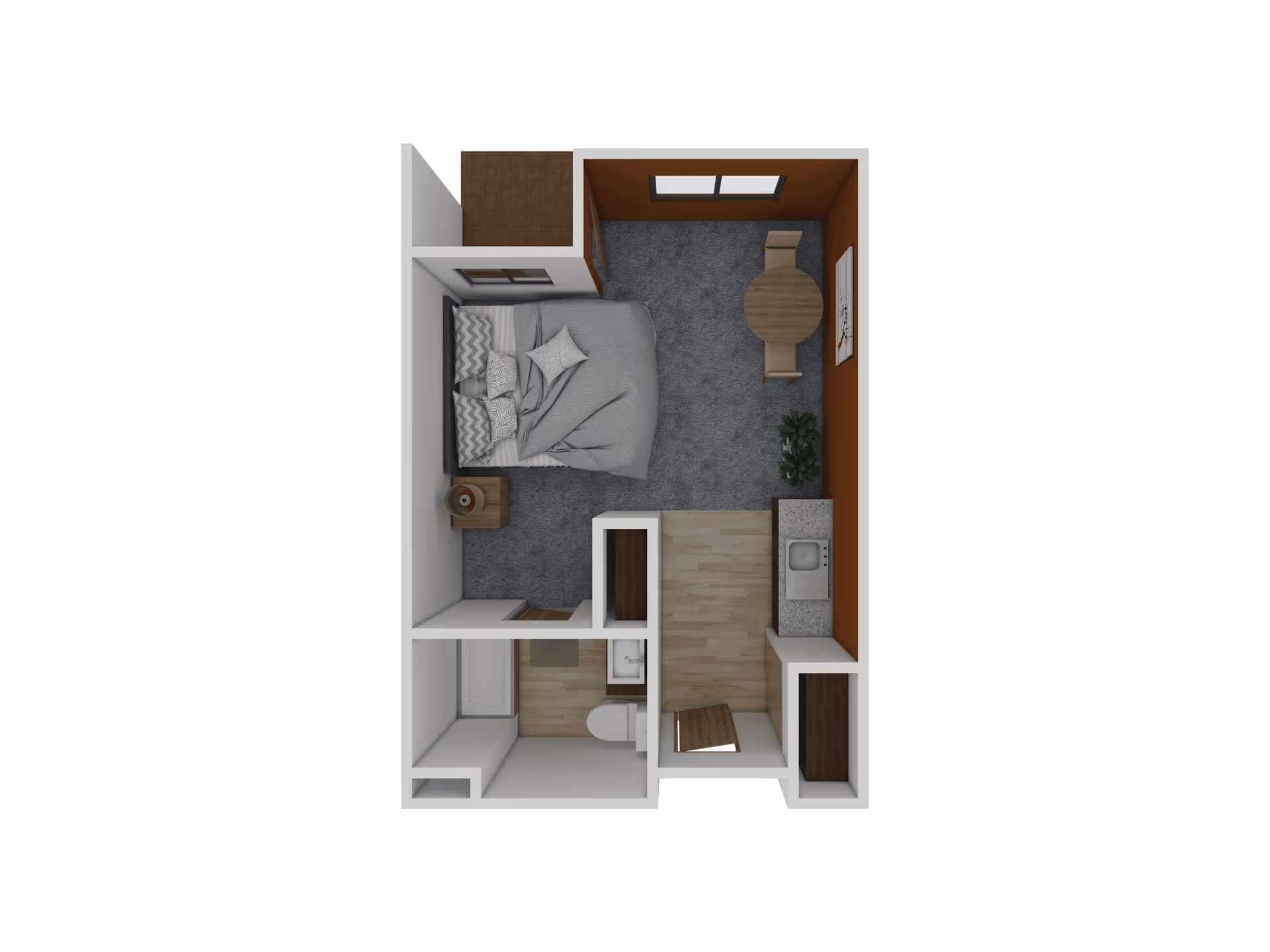 Top-down 3D floor plan of a studio apartment showing a bed area, small dining table, kitchenette, and bathroom.
