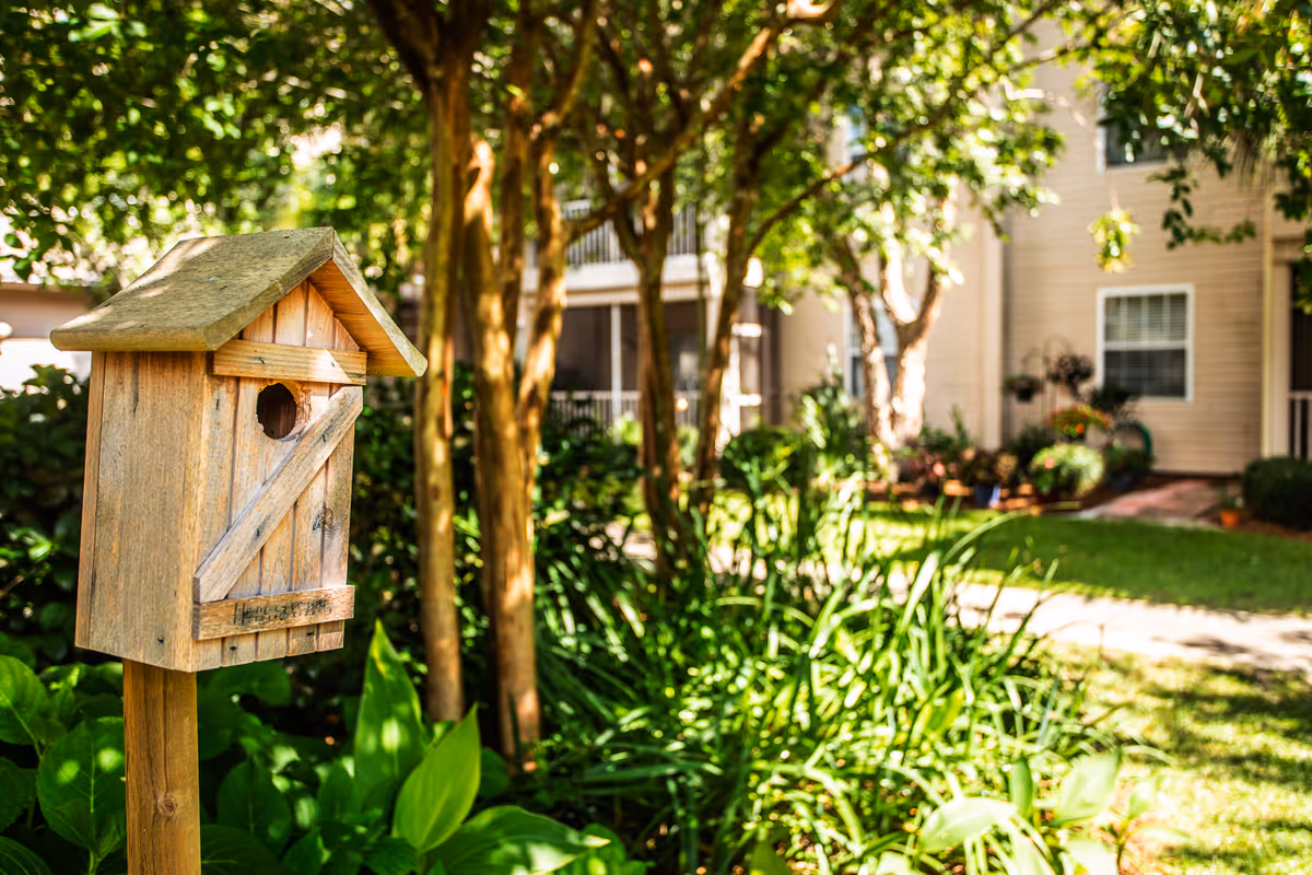 Wooden birdhouse on a post in a landscaped courtyard with apartment building and greenery in the background.