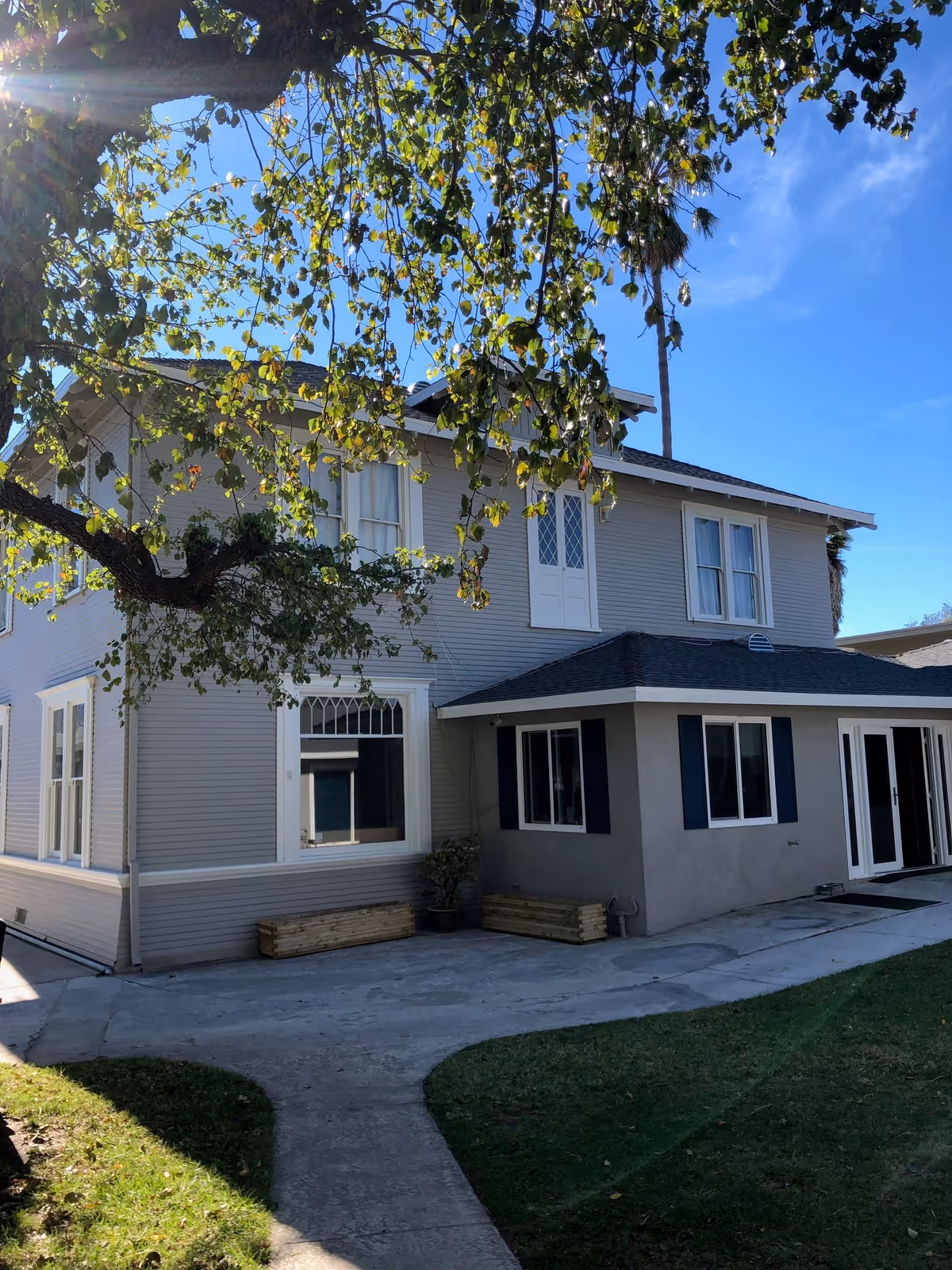 Exterior view of Ventura Grand Chateau senior living facility with a tree in front.