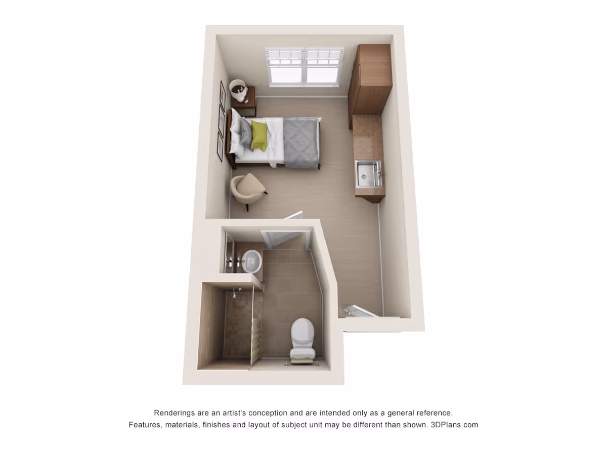 3D floor plan of a small studio apartment featuring a sleeping area with a bed, nightstand, chair, and wardrobe. The apartment also includes a kitchenette with a sink and countertop, and a separate bathroom with a toilet, sink, and shower.