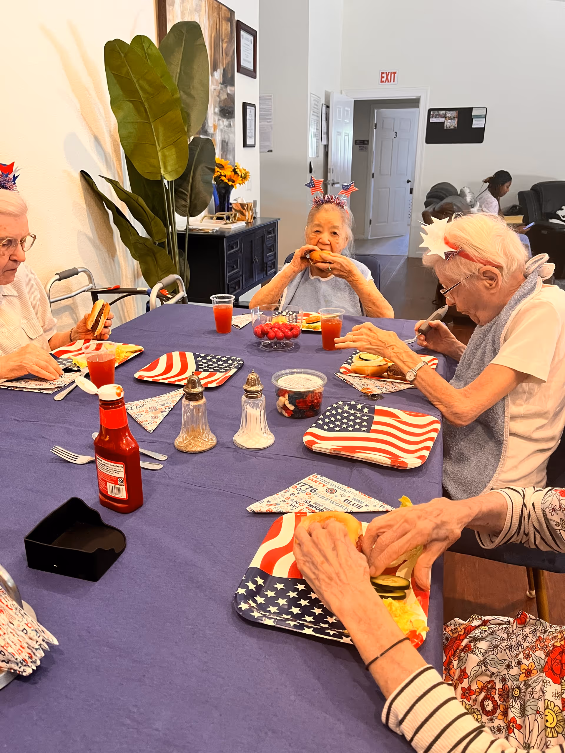 Four elderly individuals sitting around a table with a blue tablecloth, eating sandwiches and drinking red beverages. The table is set with American flag-themed plates and napkins, and there are condiments and a bowl of cherries in the center. The room has white walls, a large green plant, and a black cabinet in the background. One person is wearing a headband with American flag decorations.