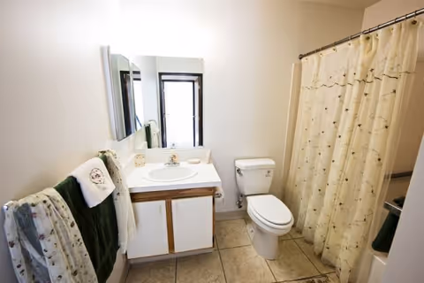 A clean bathroom featuring a white sink with a cabinet underneath, a toilet, and a shower with a cream-colored curtain decorated with a subtle pattern. There are towels hanging on a rack to the left of the sink, and a window above the sink allowing natural light into the room.