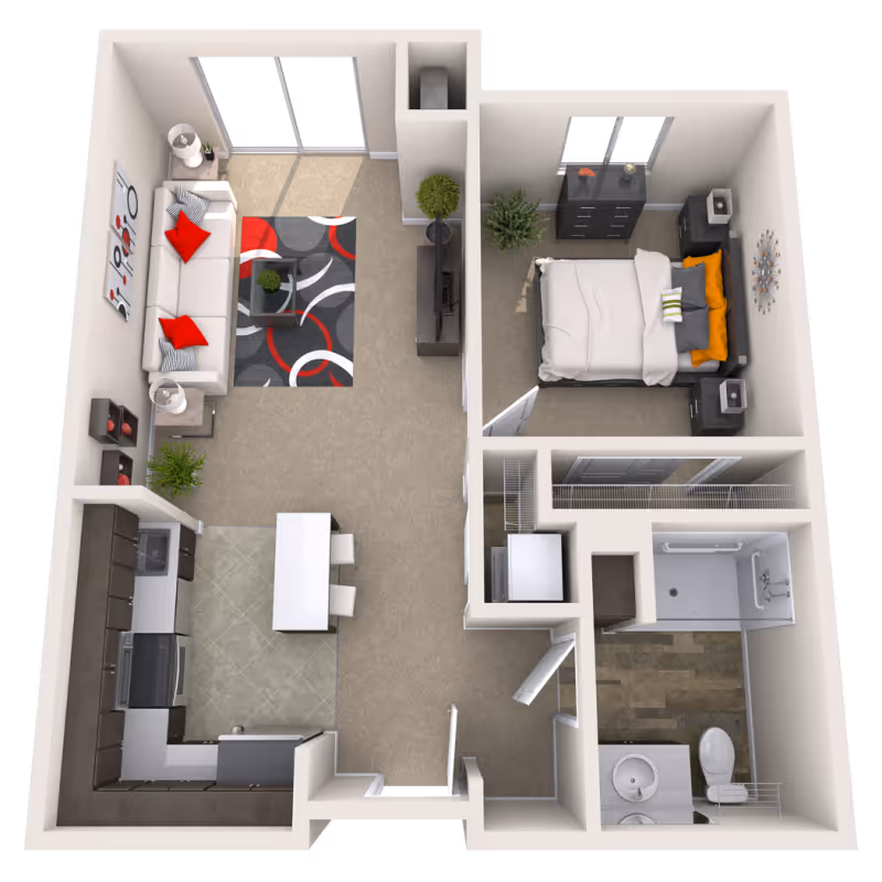 3D floor plan of a one-bedroom apartment featuring a living room with a sofa, coffee table, and TV, a kitchen with appliances and an island with seating, a bedroom with a bed and dresser, and a bathroom with a shower, toilet, and sink.