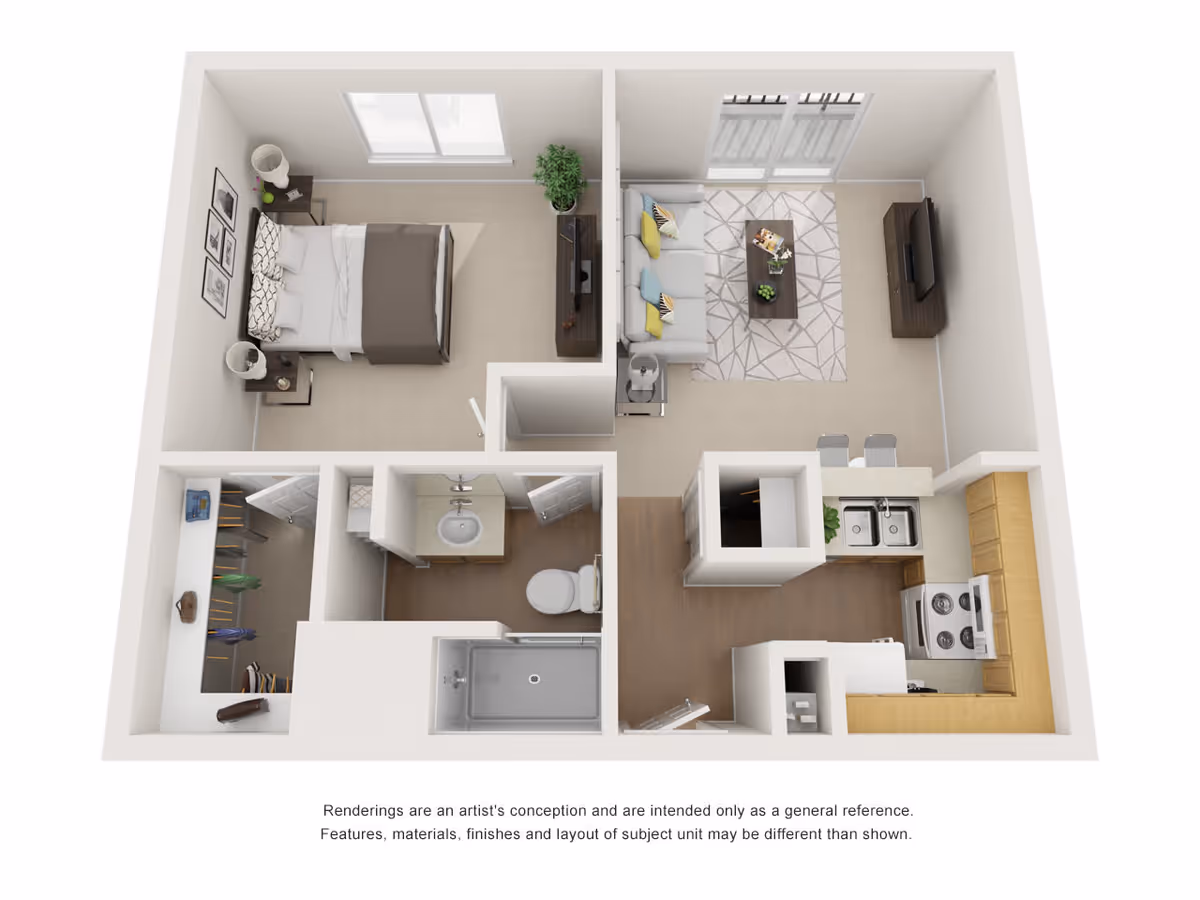 3D floor plan of a one-bedroom apartment featuring a bedroom with a bed, nightstands, and a dresser, a living room with a sofa, coffee table, and TV stand, a kitchen with appliances and a sink, a bathroom with a shower, toilet, and sink, and a walk-in closet.