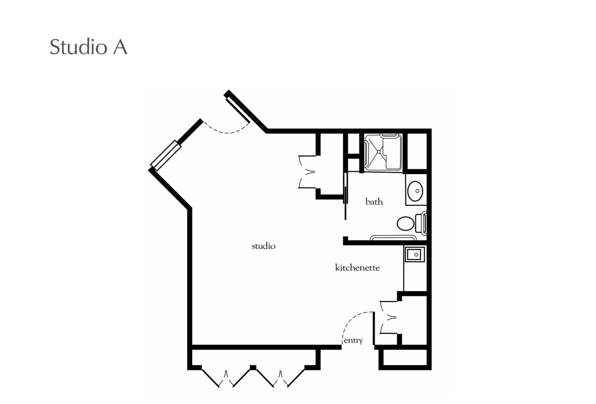 Floor plan labeled Studio A showing a studio apartment layout with a studio area, kitchenette, bath, and entry. The studio area is the largest space, with a kitchenette adjacent to it. The bath includes a shower, toilet, and sink. The entry leads into the kitchenette area.