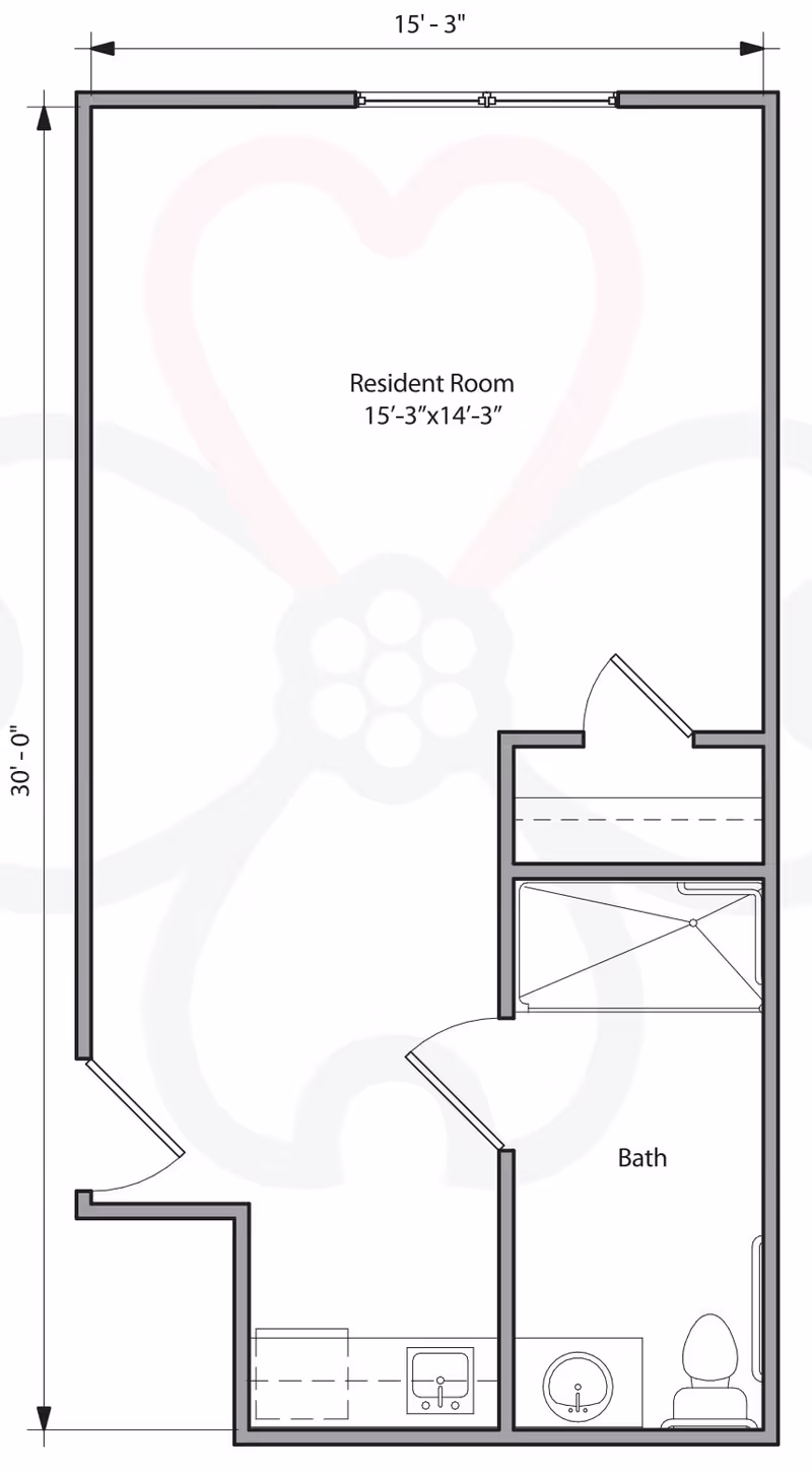 Architectural floor plan of a resident room measuring 15 feet 3 inches by 14 feet 3 inches, including a bathroom with a shower, sink, and toilet. The layout shows the entrance, a closet, and a small kitchenette area with a sink.