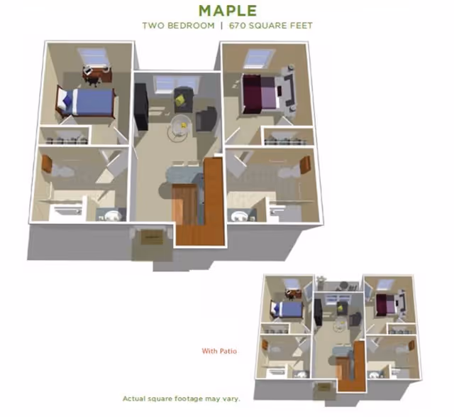 3D floor plan of a two-bedroom apartment named Maple, showing a layout with two bedrooms, two bathrooms, a living area, and a kitchen. The apartment covers 670 square feet and includes a patio. The bedrooms are furnished with beds and desks, and the living area has seating and a table.
